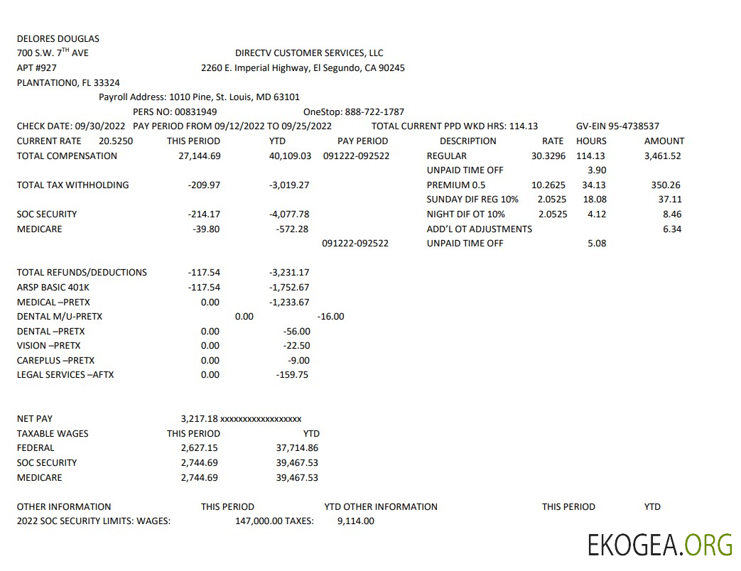 Talon de paie de Delores Douglas